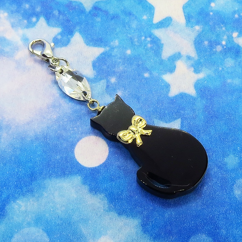 マスクチャーム ゴールドリボンの黒猫チャームとスワロフスキーのチャーム アクリル キーホルダー