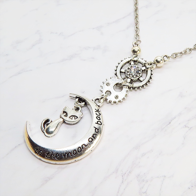 アンティークシルバー 猫と三日月と歯車のスチームパンク風ネックレス スワロフスキー 長さ調整可
