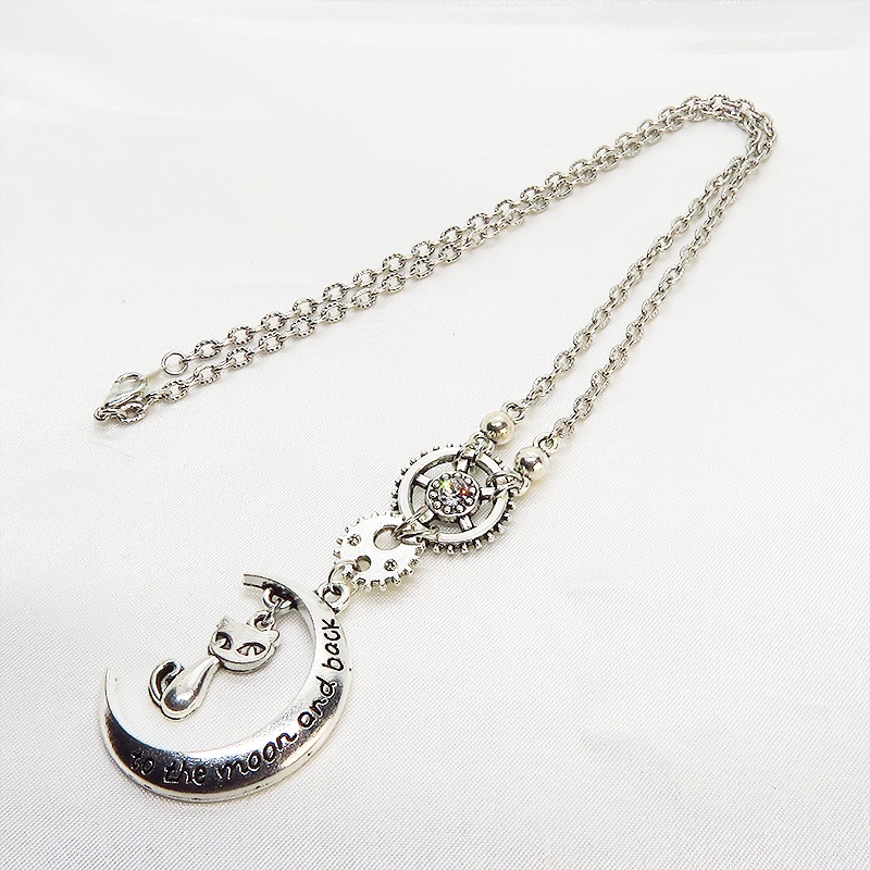 アンティークシルバー 猫と三日月と歯車のスチームパンク風ネックレス スワロフスキー 長さ調整可