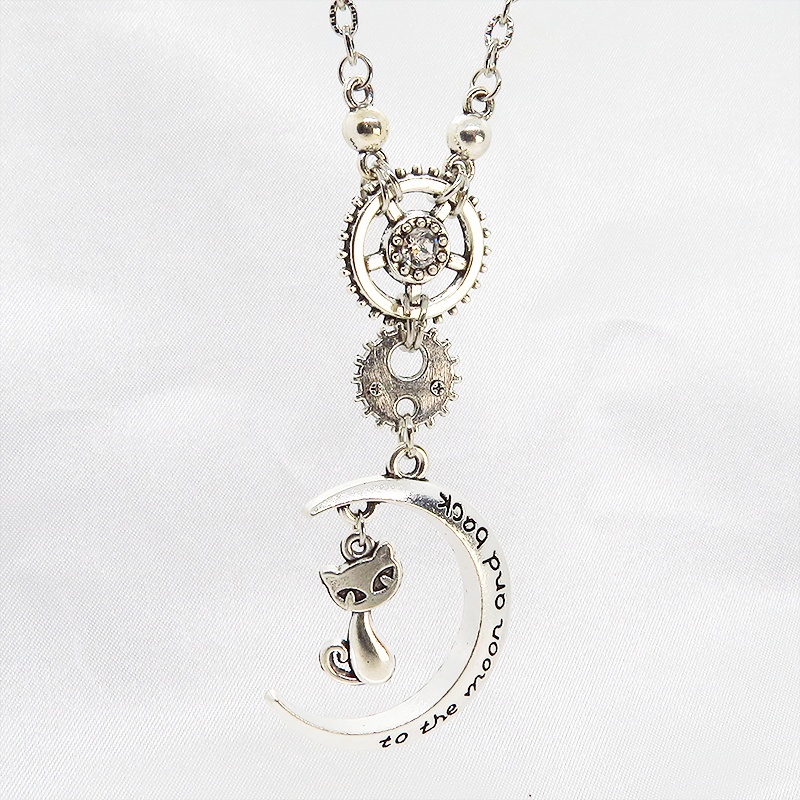 アンティークシルバー 猫と三日月と歯車のスチームパンク風ネックレス スワロフスキー 長さ調整可