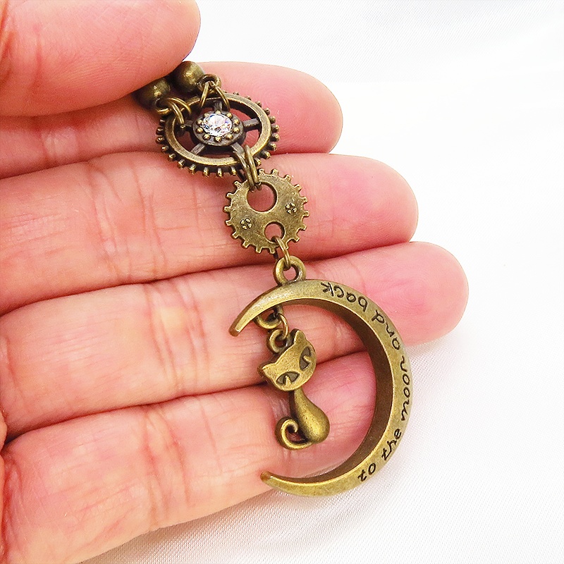 アンティークゴールド 猫と三日月と歯車のスチームパンク風ネックレス スワロフスキー 長さ調整可