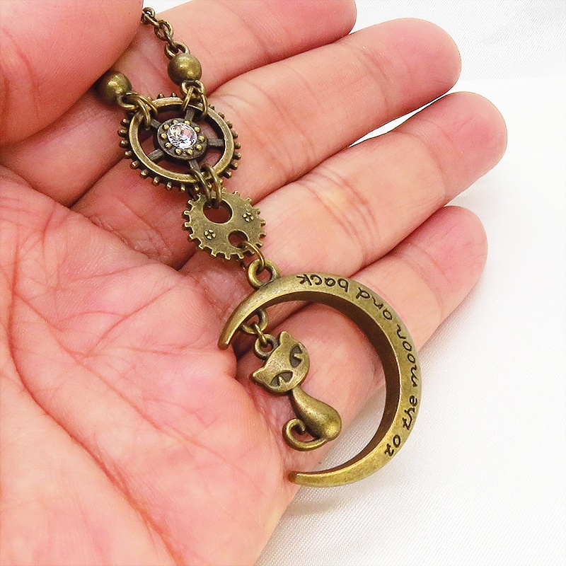 アンティークゴールド 猫と三日月と歯車のスチームパンク風ネックレス スワロフスキー 長さ調整可