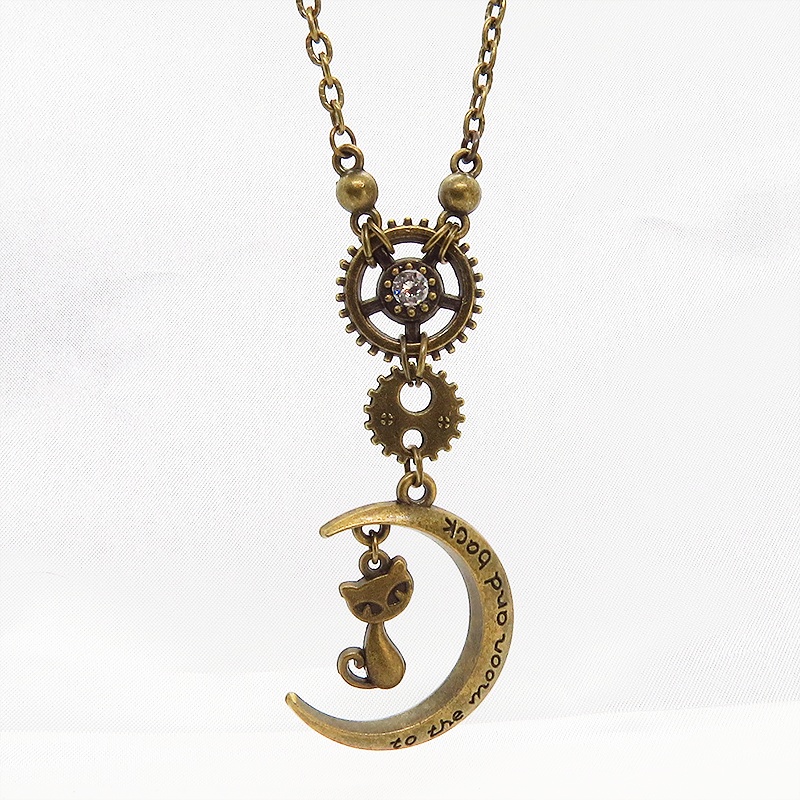 アンティークゴールド 猫と三日月と歯車のスチームパンク風ネックレス スワロフスキー 長さ調整可