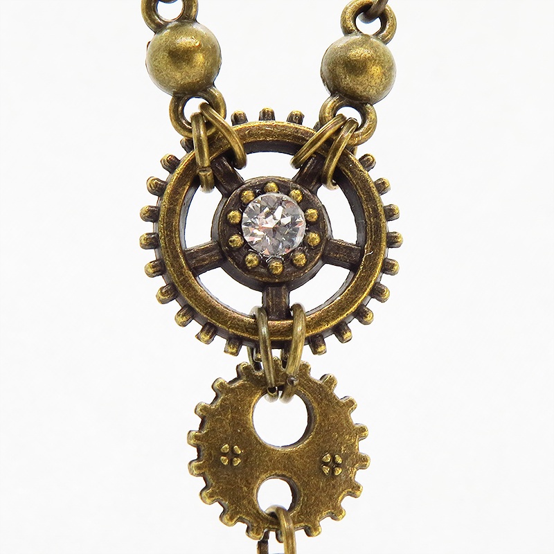 アンティークゴールド 猫と三日月と歯車のスチームパンク風ネックレス スワロフスキー 長さ調整可