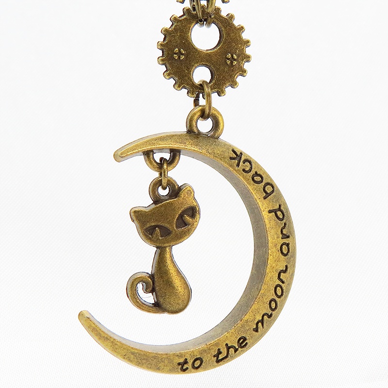 アンティークゴールド 猫と三日月と歯車のスチームパンク風ネックレス スワロフスキー 長さ調整可