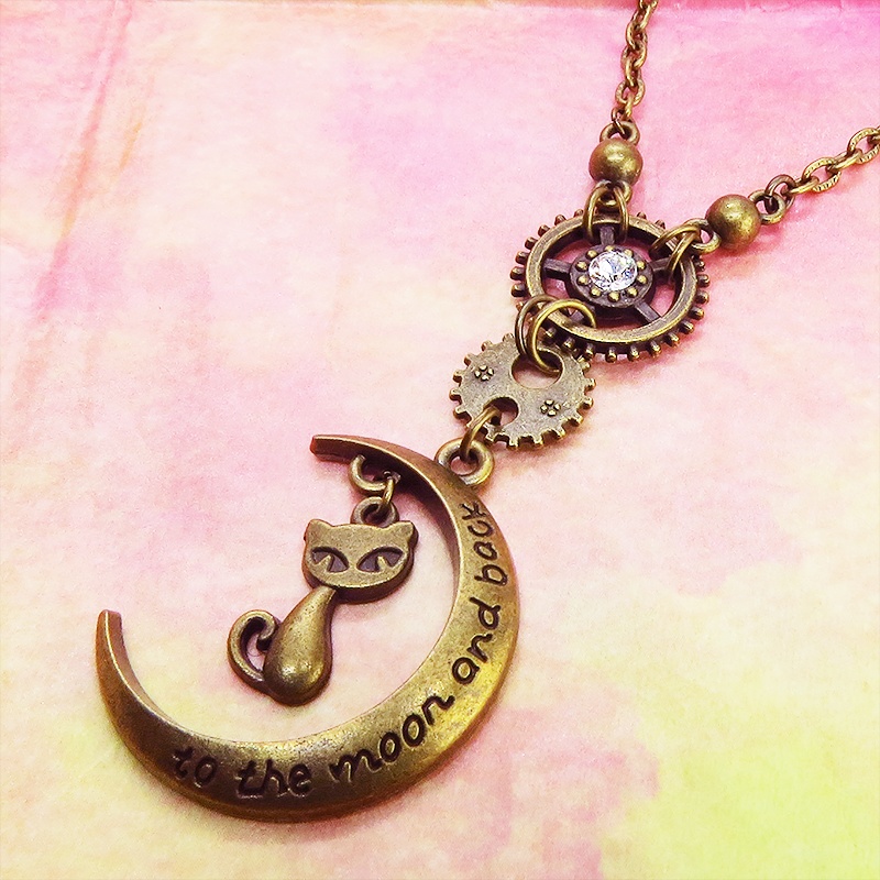 アンティークゴールド 猫と三日月と歯車のスチームパンク風ネックレス スワロフスキー 長さ調整可