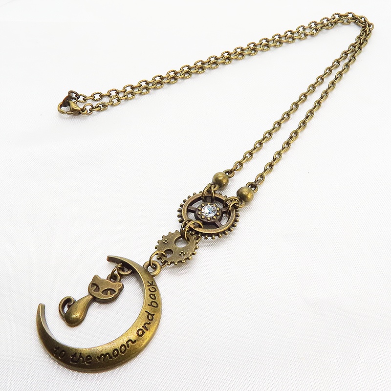 アンティークゴールド 猫と三日月と歯車のスチームパンク風ネックレス スワロフスキー 長さ調整可