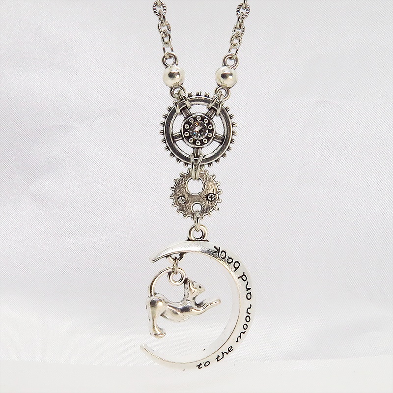 アンティークシルバー のび猫と三日月と歯車のスチームパンク風ネックレス スワロフスキー 長さ調整可