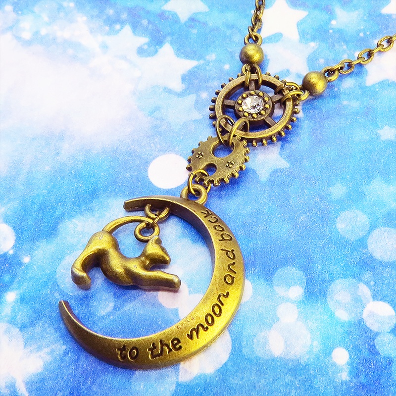 アンティークゴールド のび猫と三日月と歯車のスチームパンク風ネックレス スワロフスキー 長さ調整可