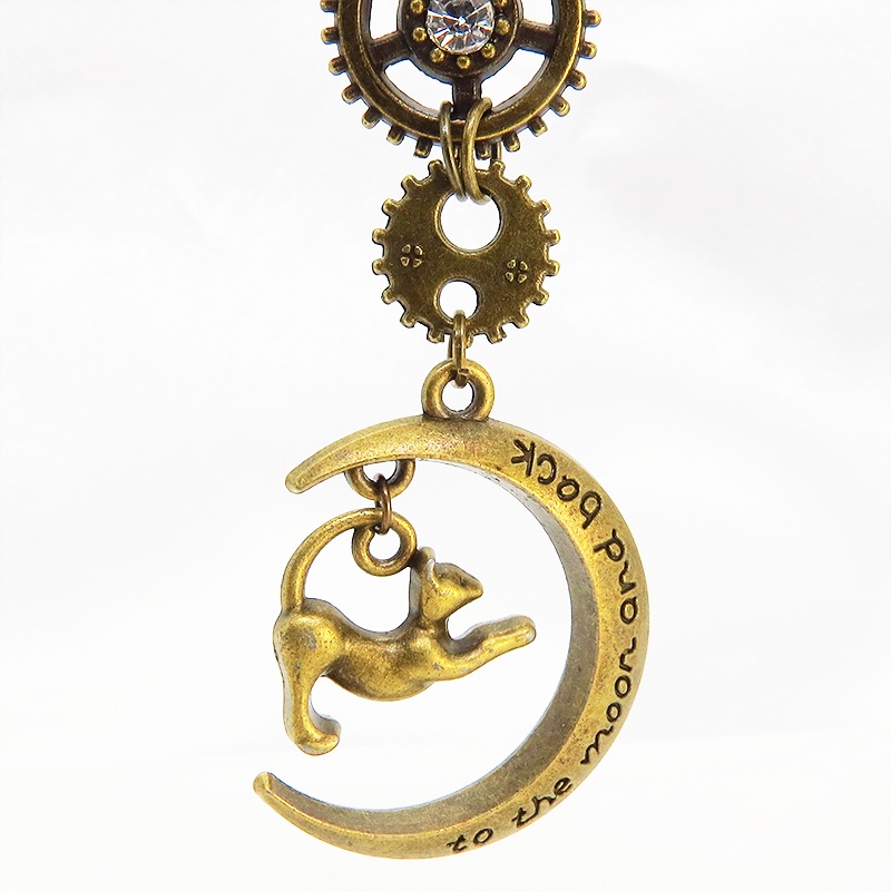 アンティークゴールド のび猫と三日月と歯車のスチームパンク風ネックレス スワロフスキー 長さ調整可