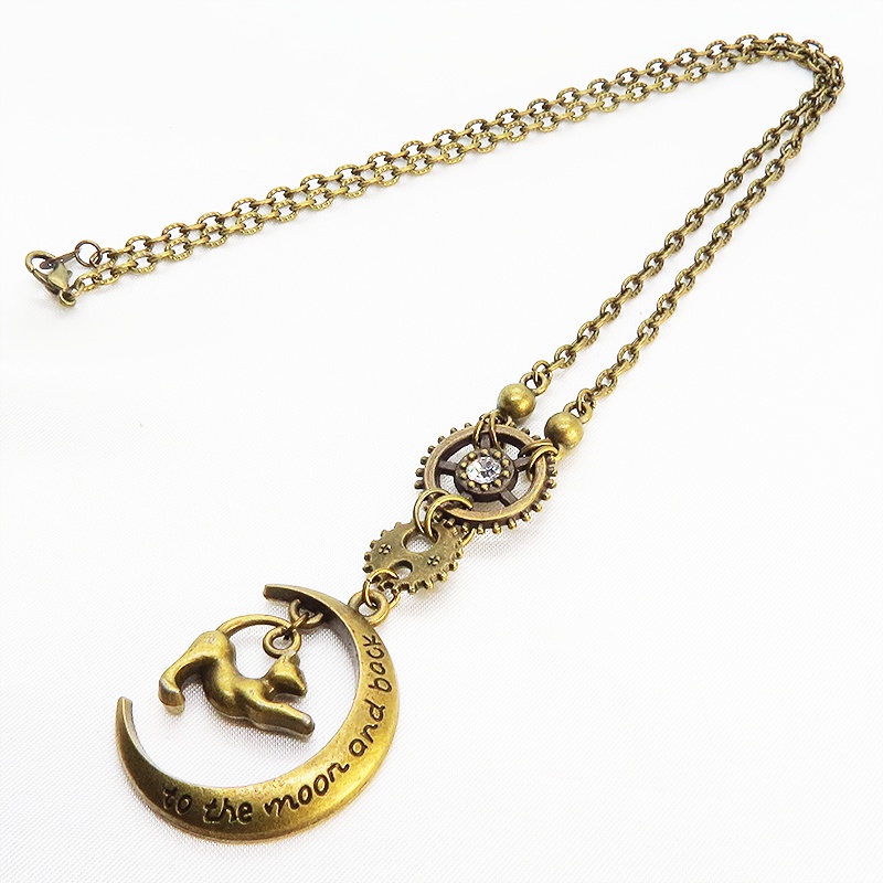 アンティークゴールド のび猫と三日月と歯車のスチームパンク風ネックレス スワロフスキー 長さ調整可