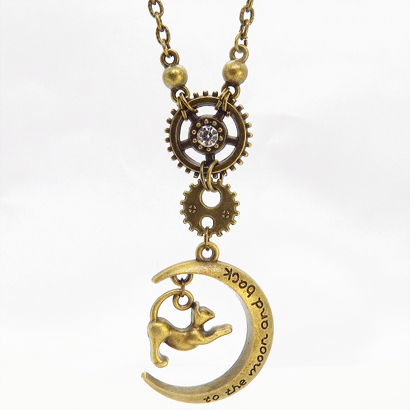 アンティークゴールド のび猫と三日月と歯車のスチームパンク風ネックレス スワロフスキー 長さ調整可