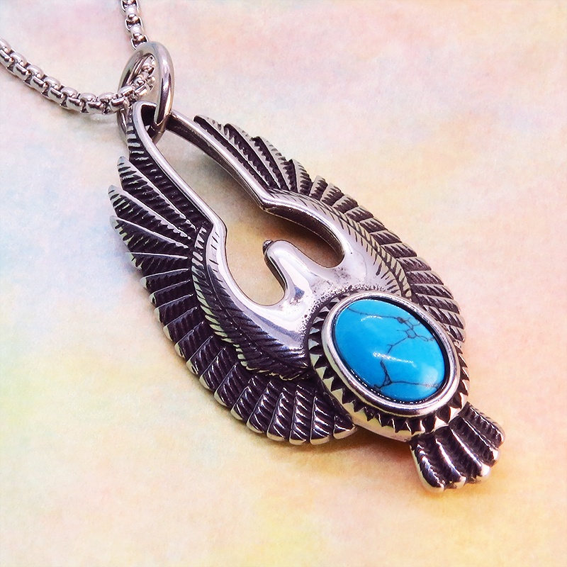 【再販】イーグルモチーフのチタン鋼ネックレス ターコイズブルーのオーナメント付 ヴィンテージ風 メンズ 鷲 ロングネックレス