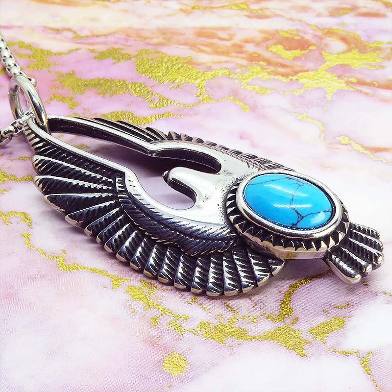 【再販】イーグルモチーフのチタン鋼ネックレス ターコイズブルーのオーナメント付 ヴィンテージ風 メンズ 鷲 ロングネックレス