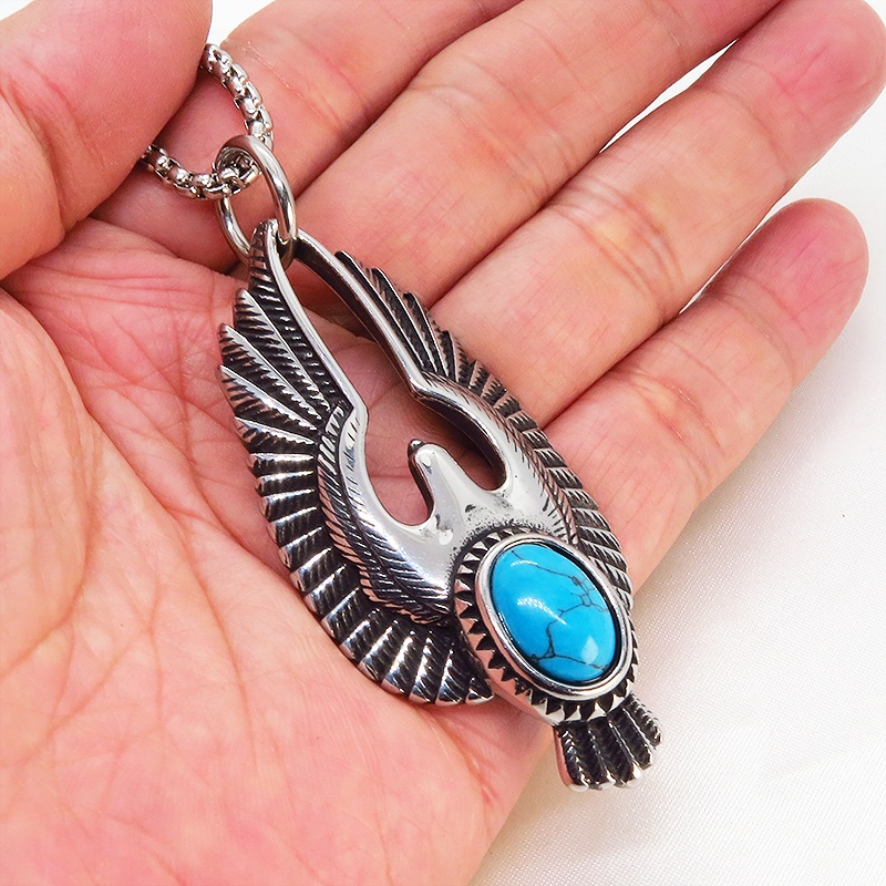 【再販】イーグルモチーフのチタン鋼ネックレス ターコイズブルーのオーナメント付 ヴィンテージ風 メンズ 鷲 ロングネックレス