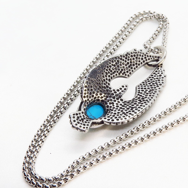 【再販】イーグルモチーフのチタン鋼ネックレス ターコイズブルーのオーナメント付 ヴィンテージ風 メンズ 鷲 ロングネックレス
