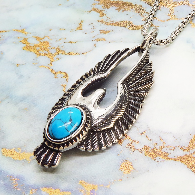 【再販】イーグルモチーフのチタン鋼ネックレス ターコイズブルーのオーナメント付 ヴィンテージ風 メンズ 鷲 ロングネックレス