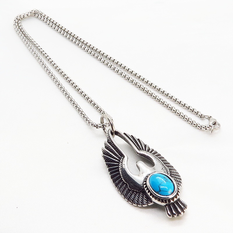 【再販】イーグルモチーフのチタン鋼ネックレス ターコイズブルーのオーナメント付 ヴィンテージ風 メンズ 鷲 ロングネックレス
