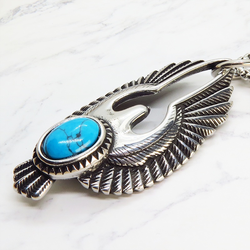 【再販】イーグルモチーフのチタン鋼ネックレス ターコイズブルーのオーナメント付 ヴィンテージ風 メンズ 鷲 ロングネックレス