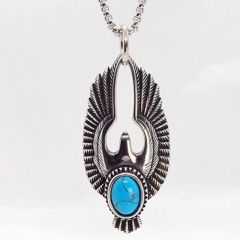 【再販】イーグルモチーフのチタン鋼ネックレス ターコイズブルーのオーナメント付 ヴィンテージ風 メンズ 鷲 ロングネックレス