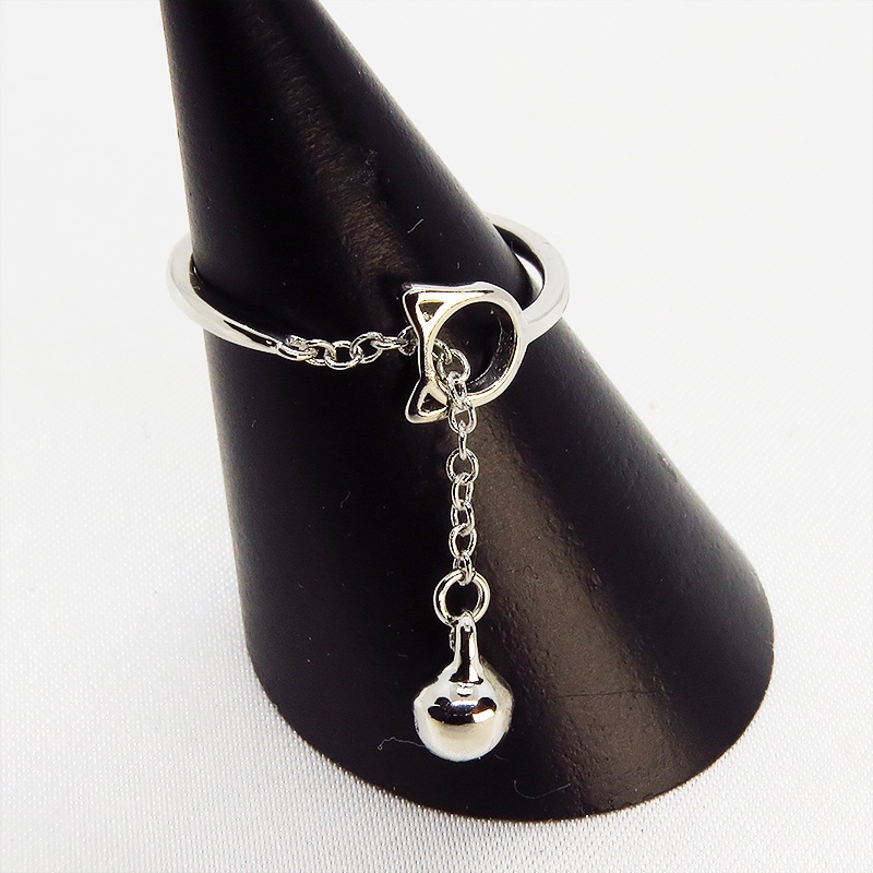 【再販×3】シルバー925 猫フェイスモチーフとチェーンのリング 先端に鈴のモチーフ オープンリング