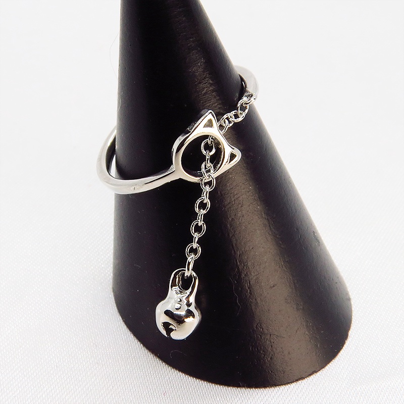 【再販×3】シルバー925 猫フェイスモチーフとチェーンのリング 先端に鈴のモチーフ オープンリング