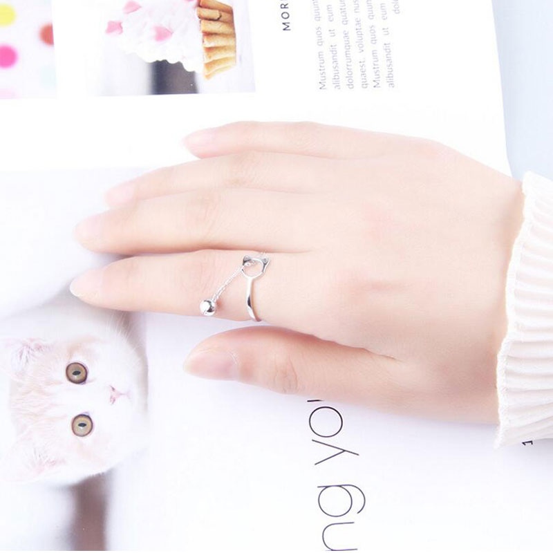 【再販×3】シルバー925 猫フェイスモチーフとチェーンのリング 先端に鈴のモチーフ オープンリング