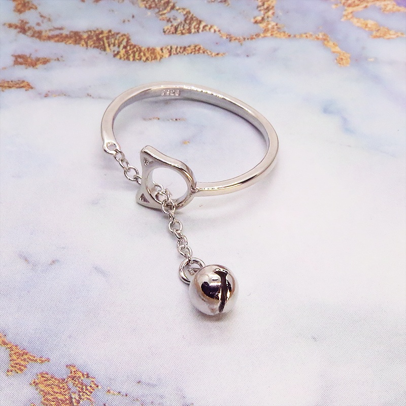 【再販×3】シルバー925 猫フェイスモチーフとチェーンのリング 先端に鈴のモチーフ オープンリング