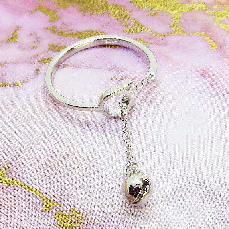 【再販×3】シルバー925 猫フェイスモチーフとチェーンのリング 先端に鈴のモチーフ オープンリング