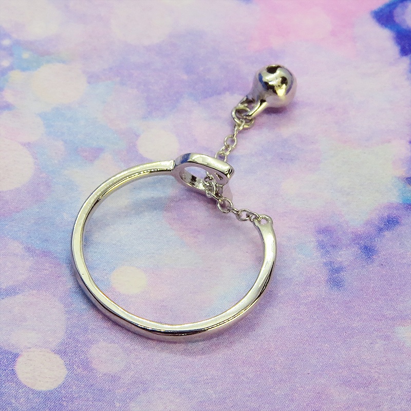 【再販×3】シルバー925 猫フェイスモチーフとチェーンのリング 先端に鈴のモチーフ オープンリング