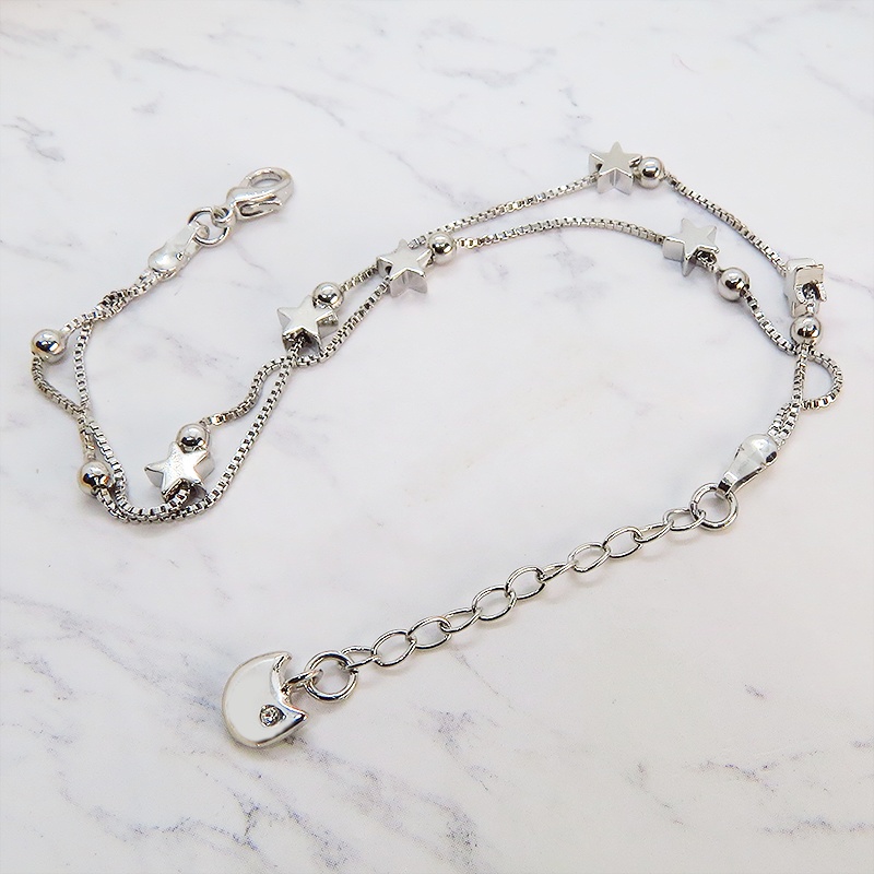シルバー925 猫フェイスチャームと星を組み合わせたダブルチェーンブレスレット