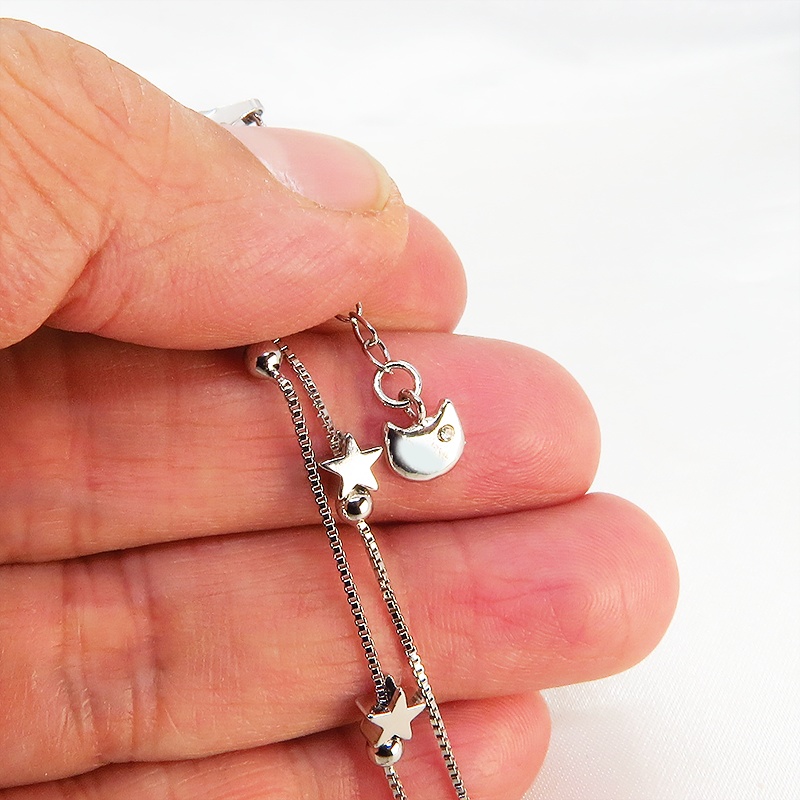 シルバー925 猫フェイスチャームと星を組み合わせたダブルチェーンブレスレット