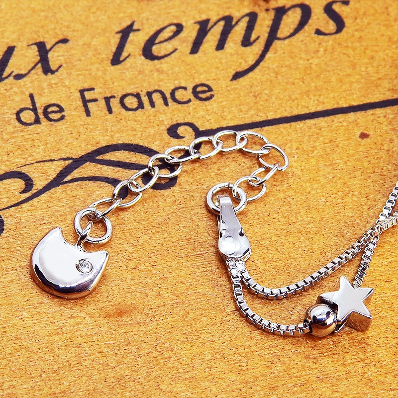 シルバー925 猫フェイスチャームと星を組み合わせたダブルチェーンブレスレット