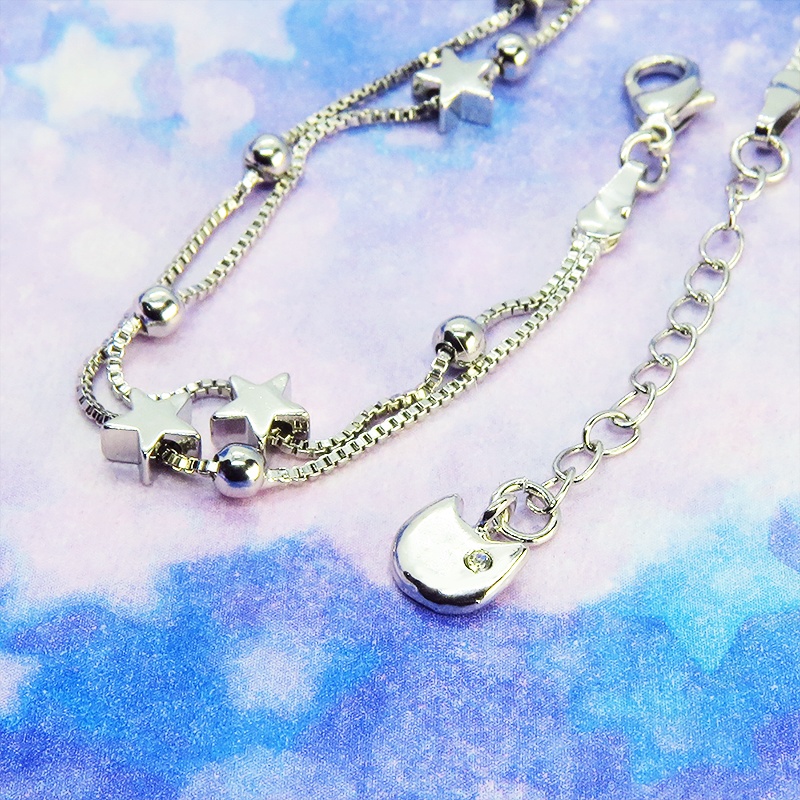 シルバー925 猫フェイスチャームと星を組み合わせたダブルチェーンブレスレット