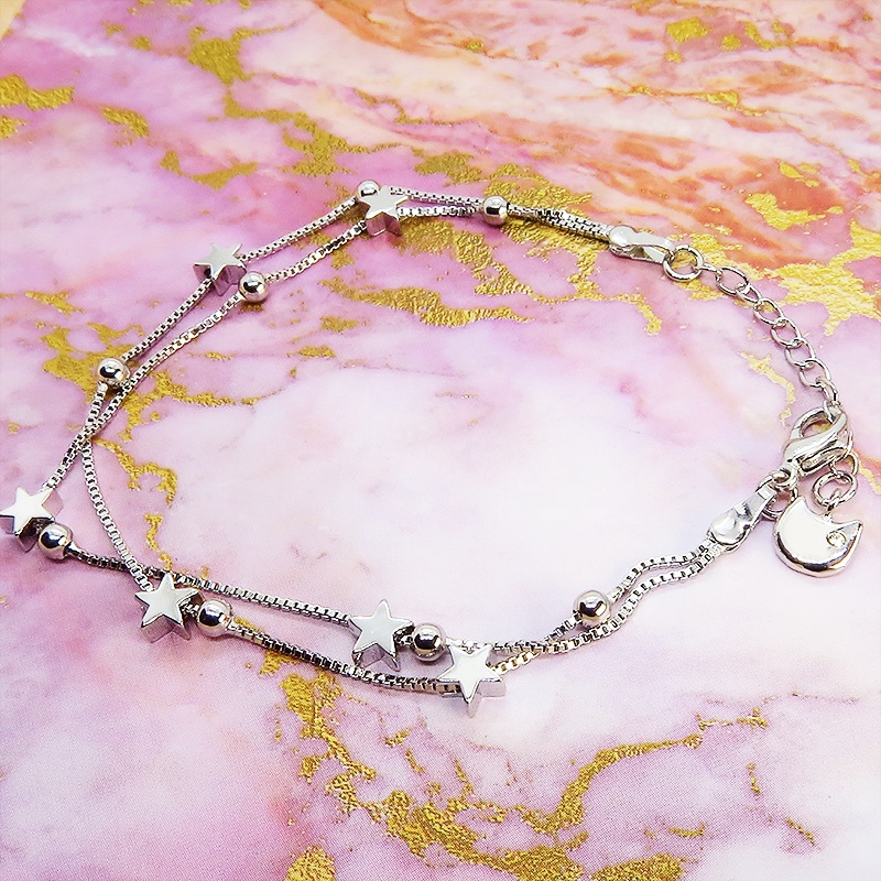 シルバー925 猫フェイスチャームと星を組み合わせたダブルチェーンブレスレット