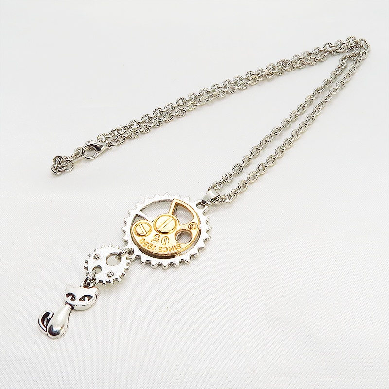 アンティークシルバー 猫と歯車を組合せたスチームパンク風ペンダントネックレス 長さ調整可