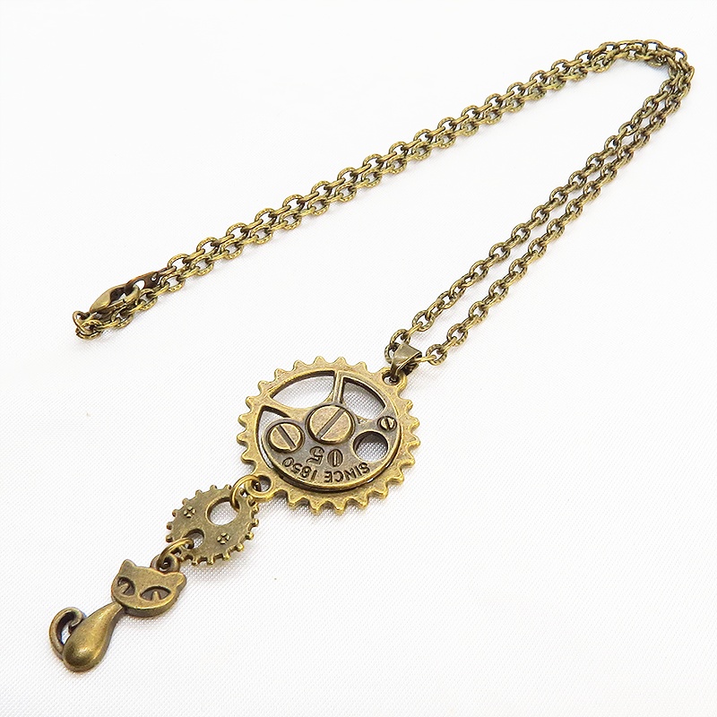 アンティークゴールド 猫と歯車を組合せたスチームパンク風ペンダントネックレス 長さ調整可