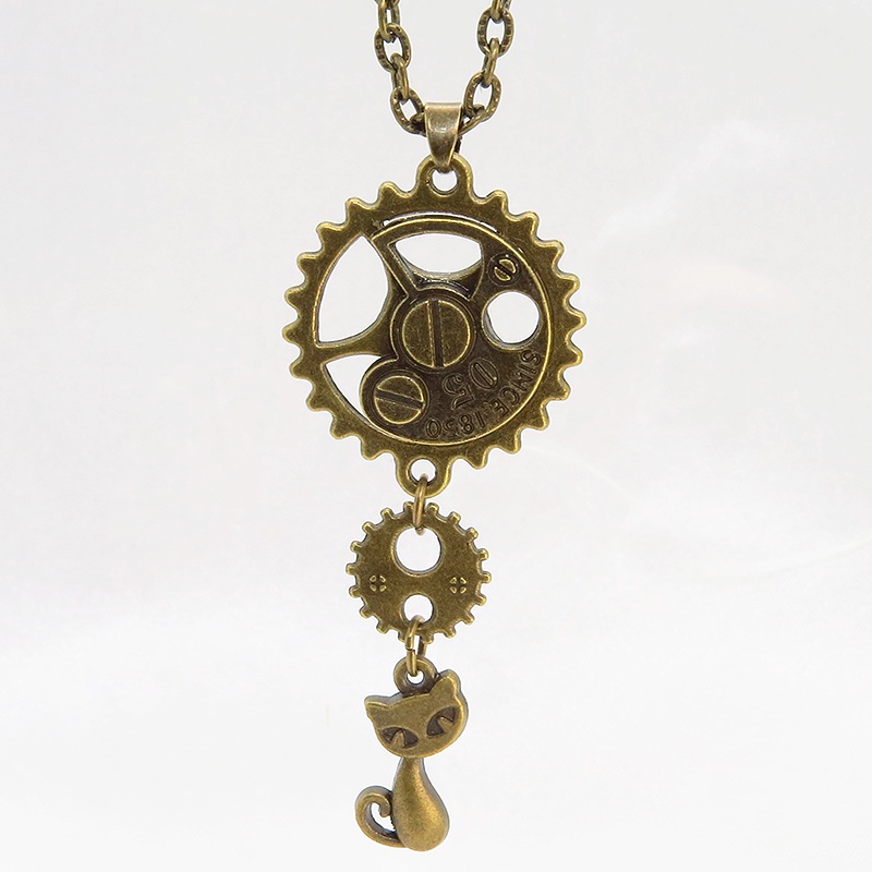 アンティークゴールド 猫と歯車を組合せたスチームパンク風ペンダントネックレス 長さ調整可