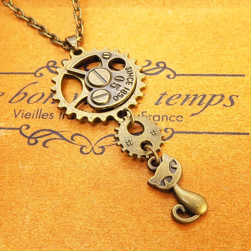 アンティークゴールド 猫と歯車を組合せたスチームパンク風ペンダントネックレス 長さ調整可