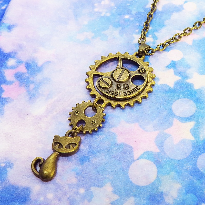 アンティークゴールド 猫と歯車を組合せたスチームパンク風ペンダントネックレス 長さ調整可