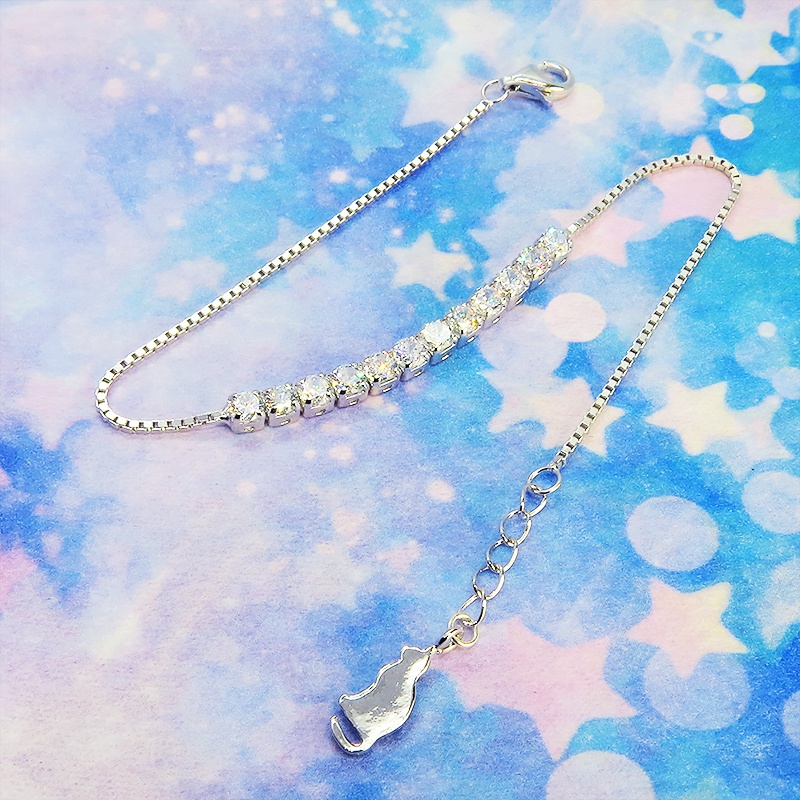 シルバー925 猫シルエットモチーフとキュービックジルコニアのビジューのブレスレット