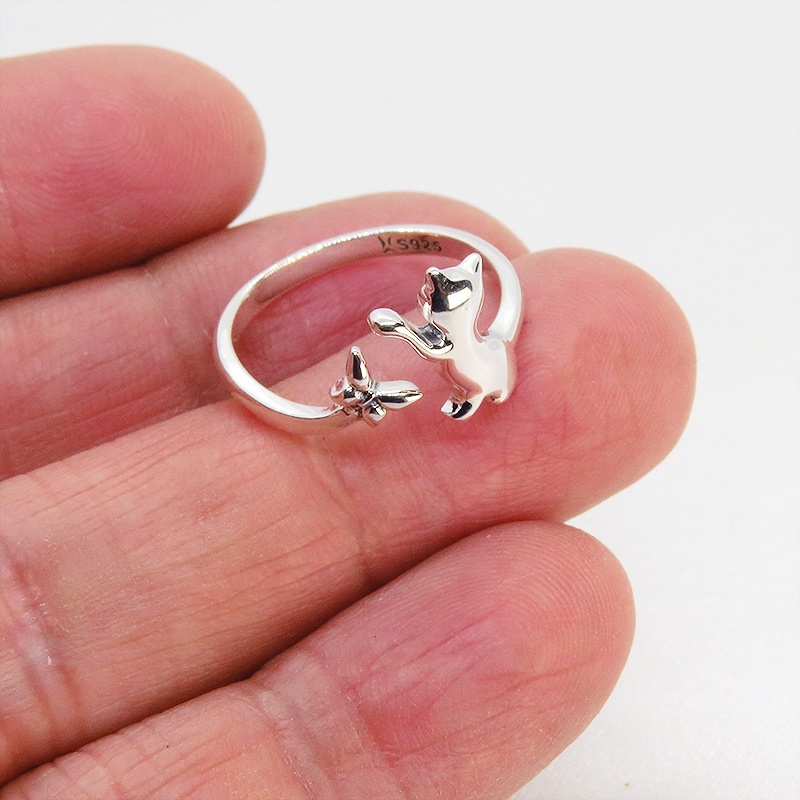 【再々販】【再販×3】シルバー925 蝶とたわむれる子猫のシルエットをかたどったオープンリング