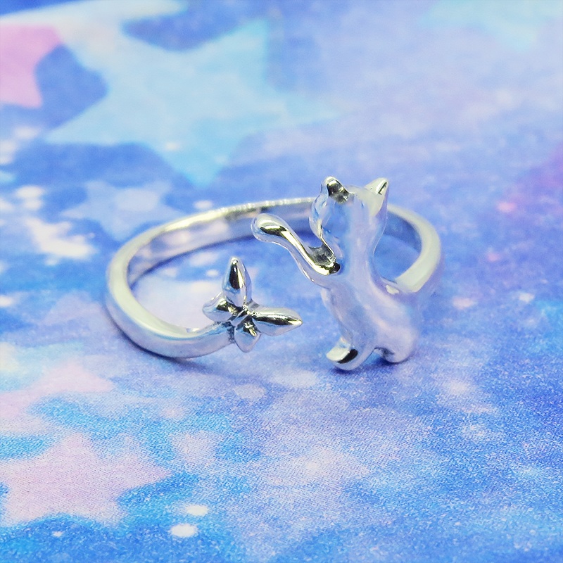 【再々販】【再販×3】シルバー925 蝶とたわむれる子猫のシルエットをかたどったオープンリング