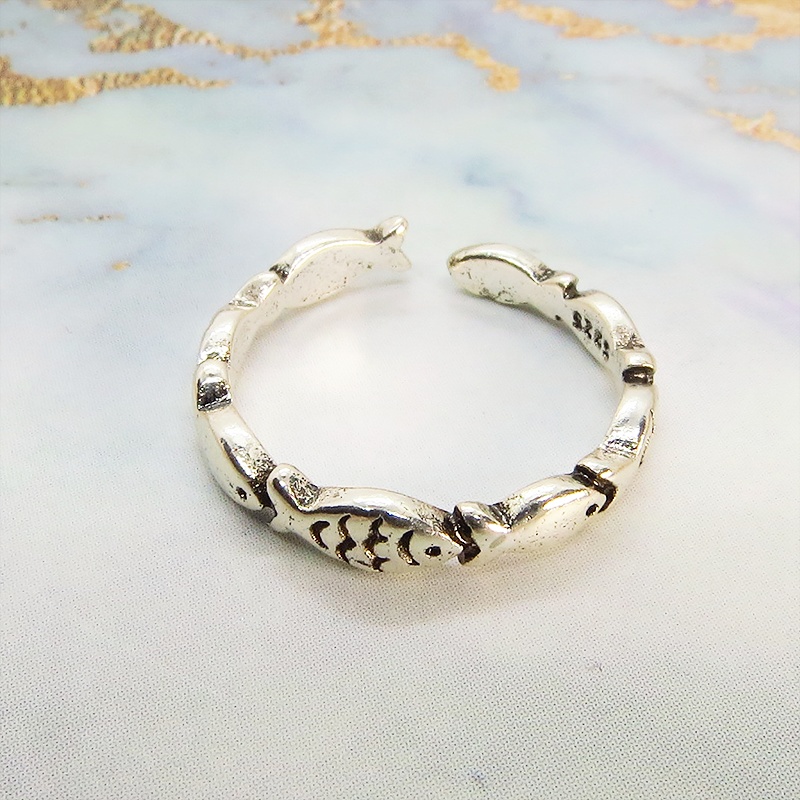 お魚モチーフが連なる可愛いリング シングル シルバー925コーティング オープンリング ピンキーリング 華奢