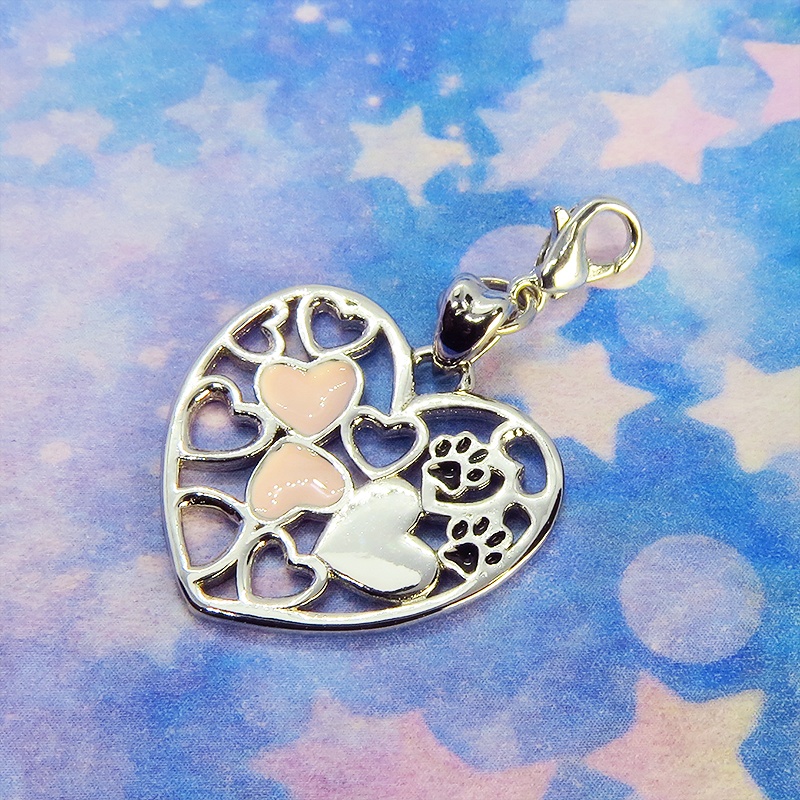 マスクチャーム シルバー925 肉球がワンポイントのオープンハートが連なるチャーム キーホルダー
