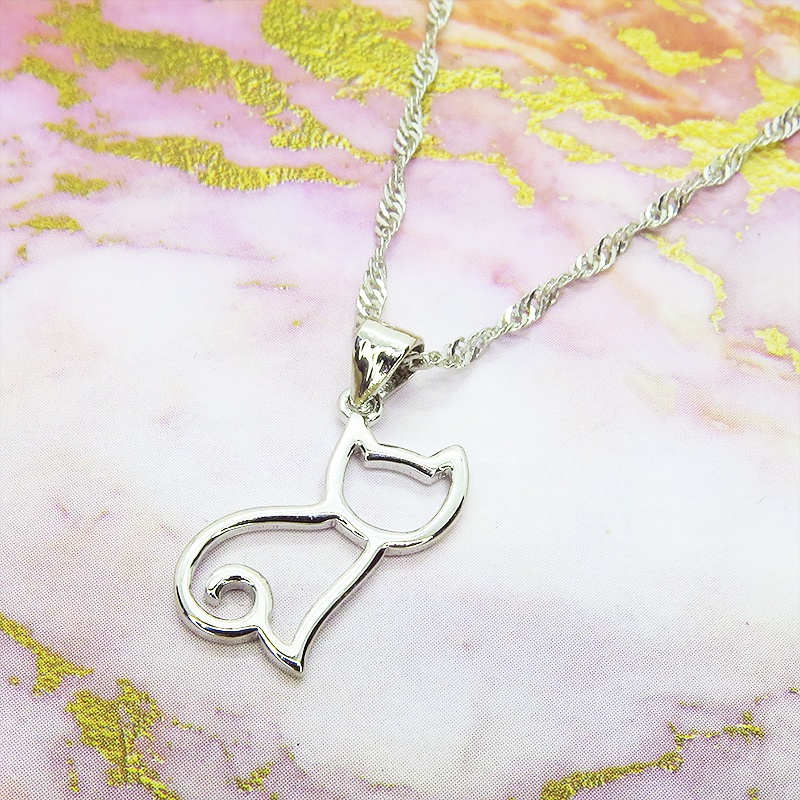 シルバー925 猫シルエットモチーフのシンプルで可愛いネックレス スターリングシルバー