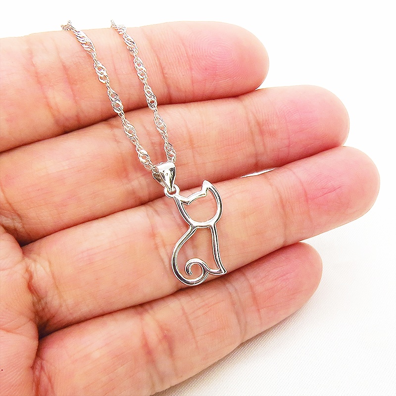 シルバー925 猫シルエットモチーフのシンプルで可愛いネックレス スターリングシルバー