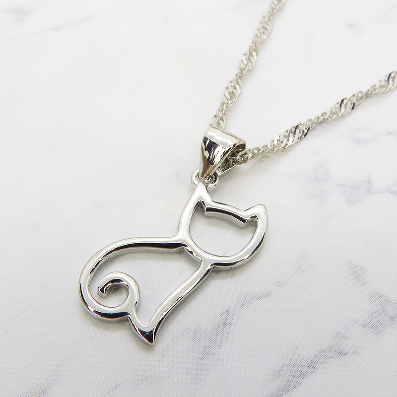 シルバー925 猫シルエットモチーフのシンプルで可愛いネックレス スターリングシルバー