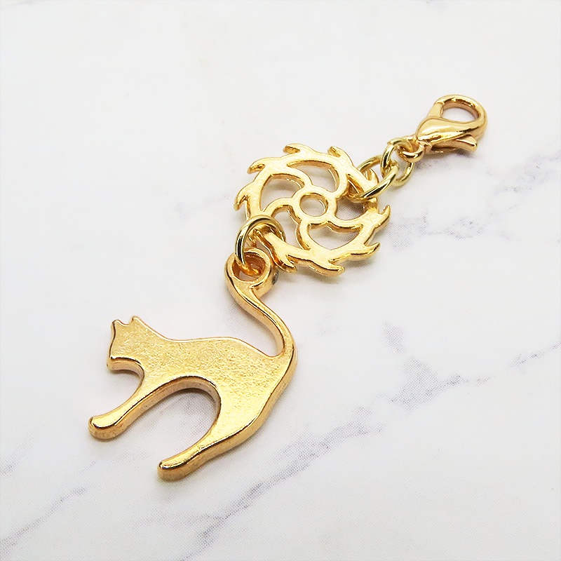 マスクチャーム チームパンク風 跳ね猫と歯車のシンプルなチャーム キーホルダー マットゴールド