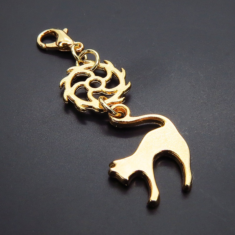 マスクチャーム チームパンク風 跳ね猫と歯車のシンプルなチャーム キーホルダー マットゴールド